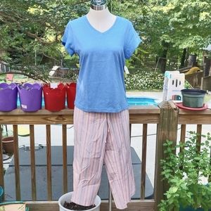 Ladies short sleeve summer pajamas, cotton Capri striped drawstring pants,M, NWT